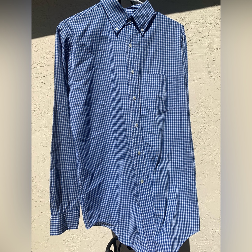Mens’ Land’s End Blue/White Plaid Business Casual Shirt (Size:L)